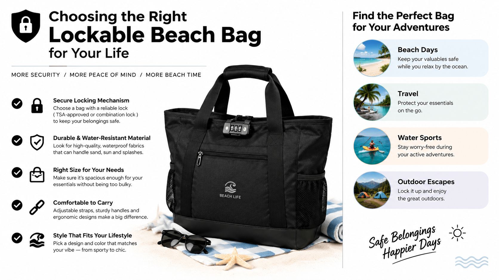 A black lockable beach bag displayed on a sandy background with sunglasses and a starfish.