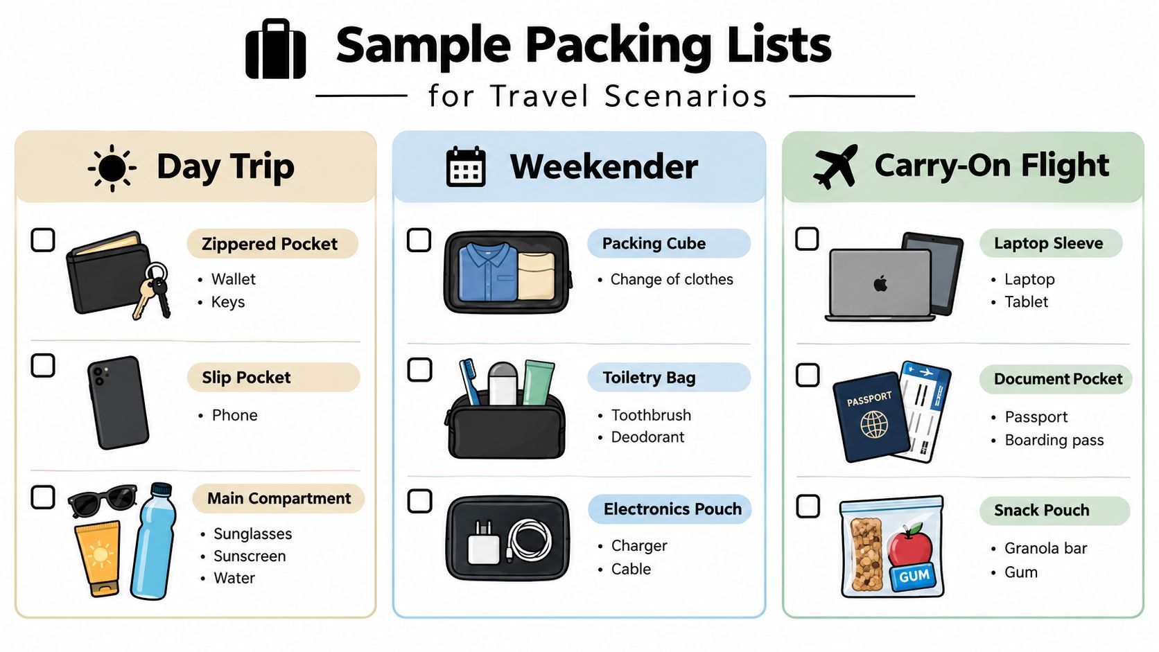 A travel packing guide showing organized items for day trips, weekend getaways, and carry-on flights.