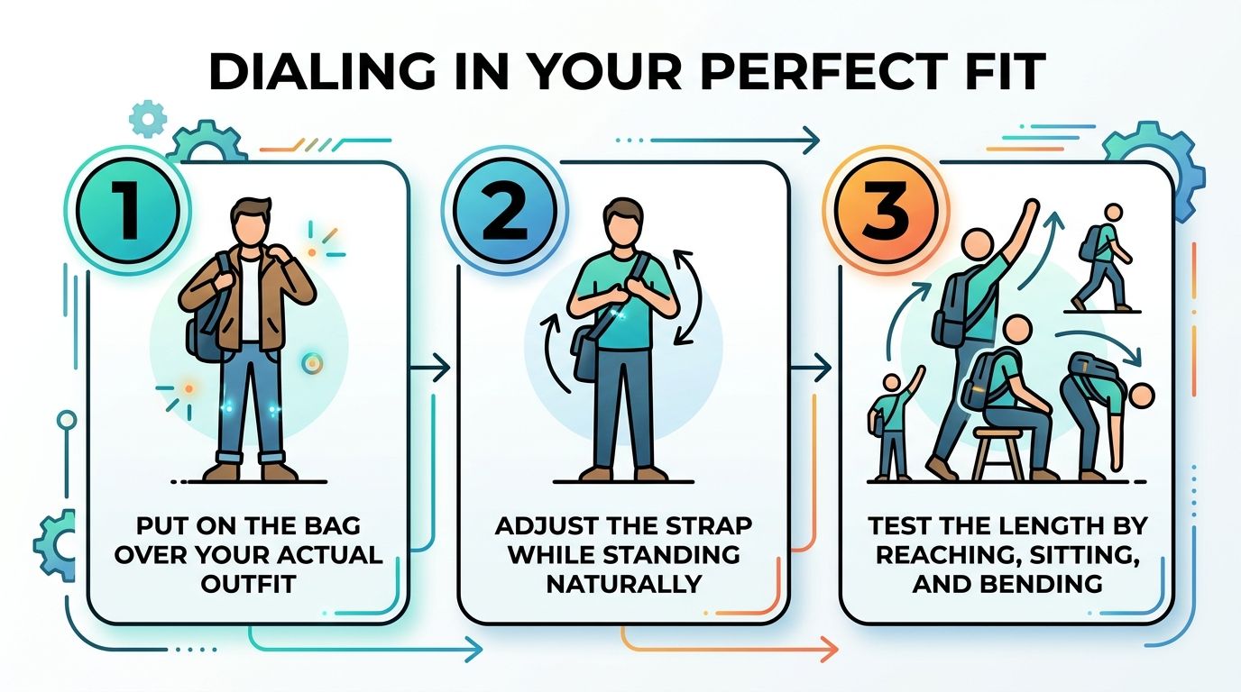 A three-step infographic showing how to properly adjust the strap of a crossbody bag for comfort.