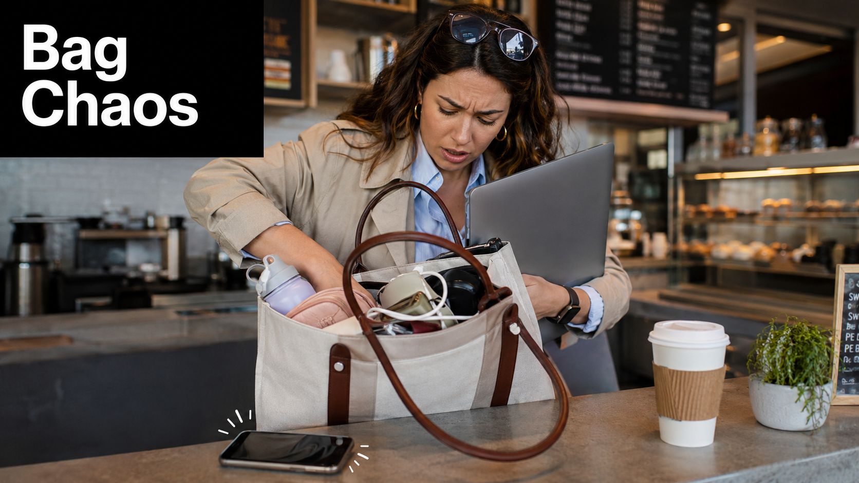 A woman looks frustrated while searching through her disorganized travel bag on a coffee shop counter.