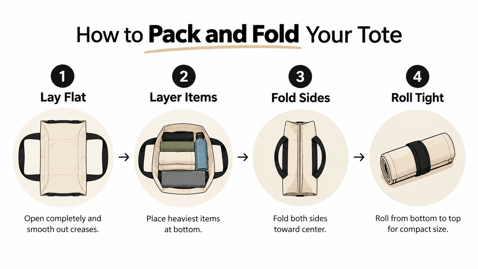 A four-step instructional infographic showing how to pack and fold a foldable travel tote bag efficiently.