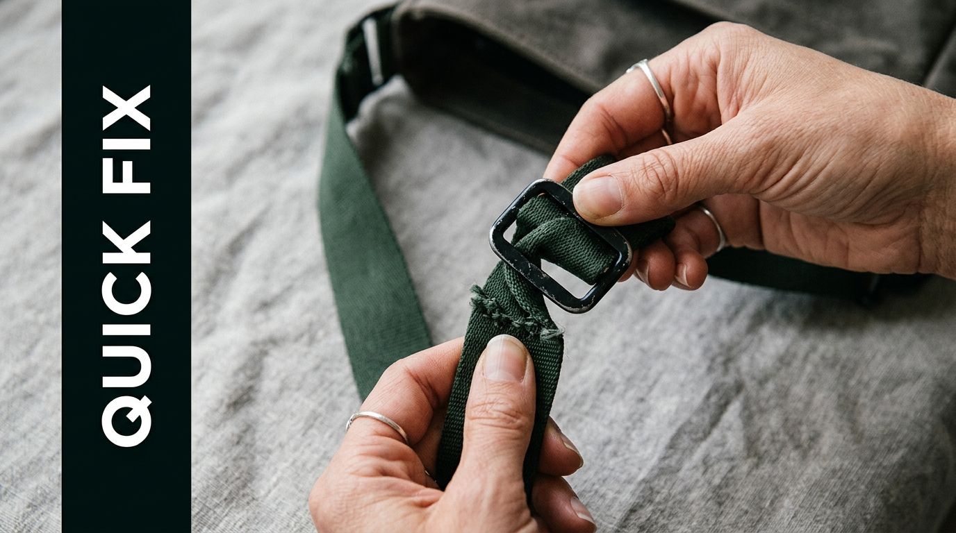 A pair of hands adjusts the metal buckle on a green fabric shoulder strap of a bag.