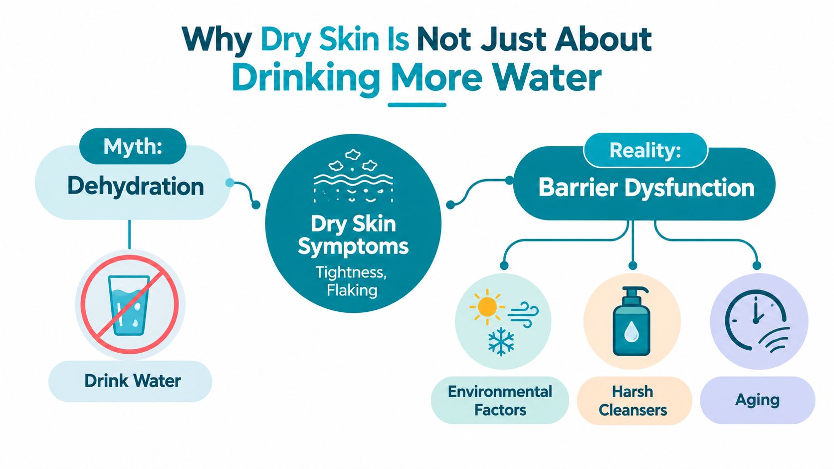 An infographic explaining that dry skin is caused by barrier dysfunction rather than just lack of water.