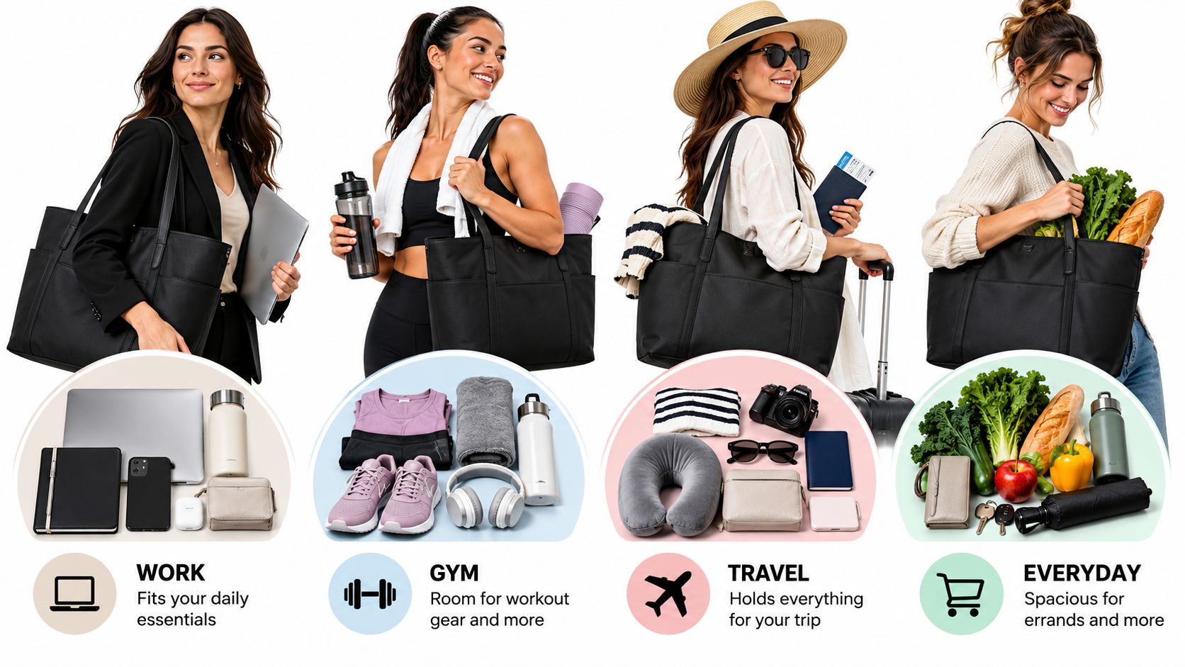 Four different women using a versatile black tote bag for work, gym, travel, and grocery shopping.
