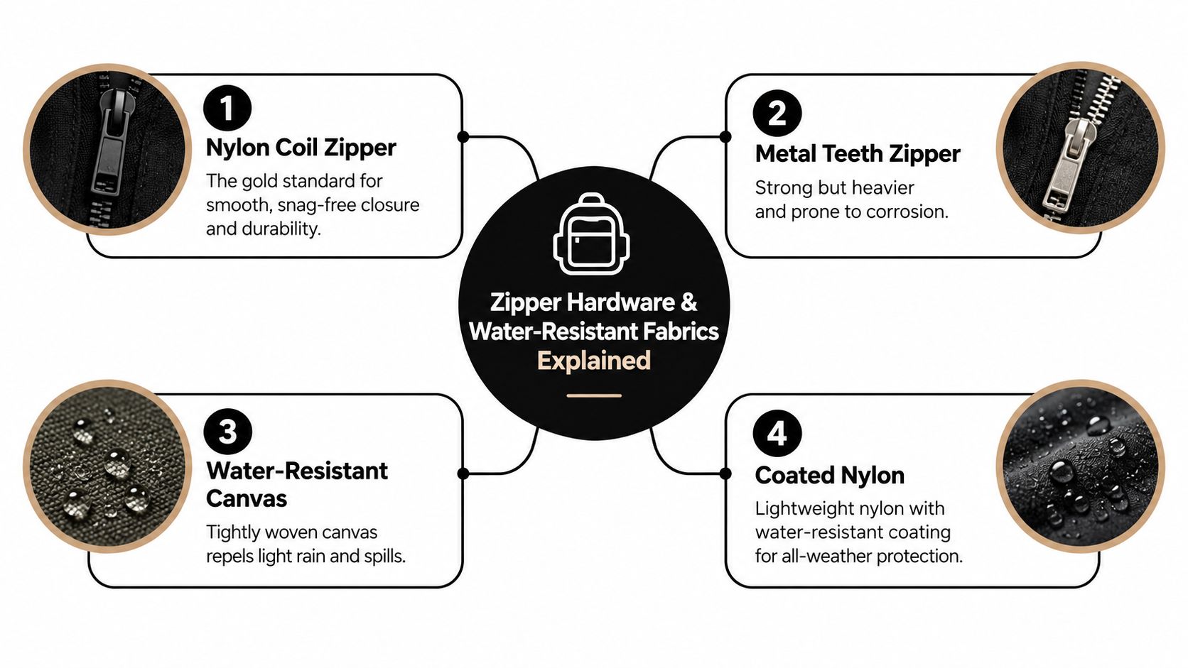 An infographic detailing types of zipper hardware and water-resistant fabrics used for backpacks and bags.
