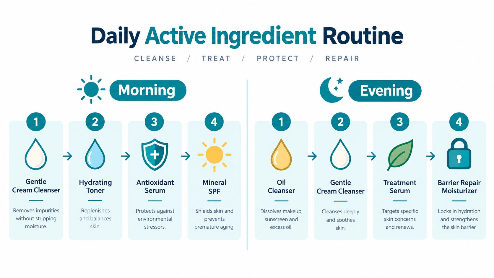 An infographic showing a daily skincare routine for morning and evening with steps for cleansing, treating, and protecting skin.