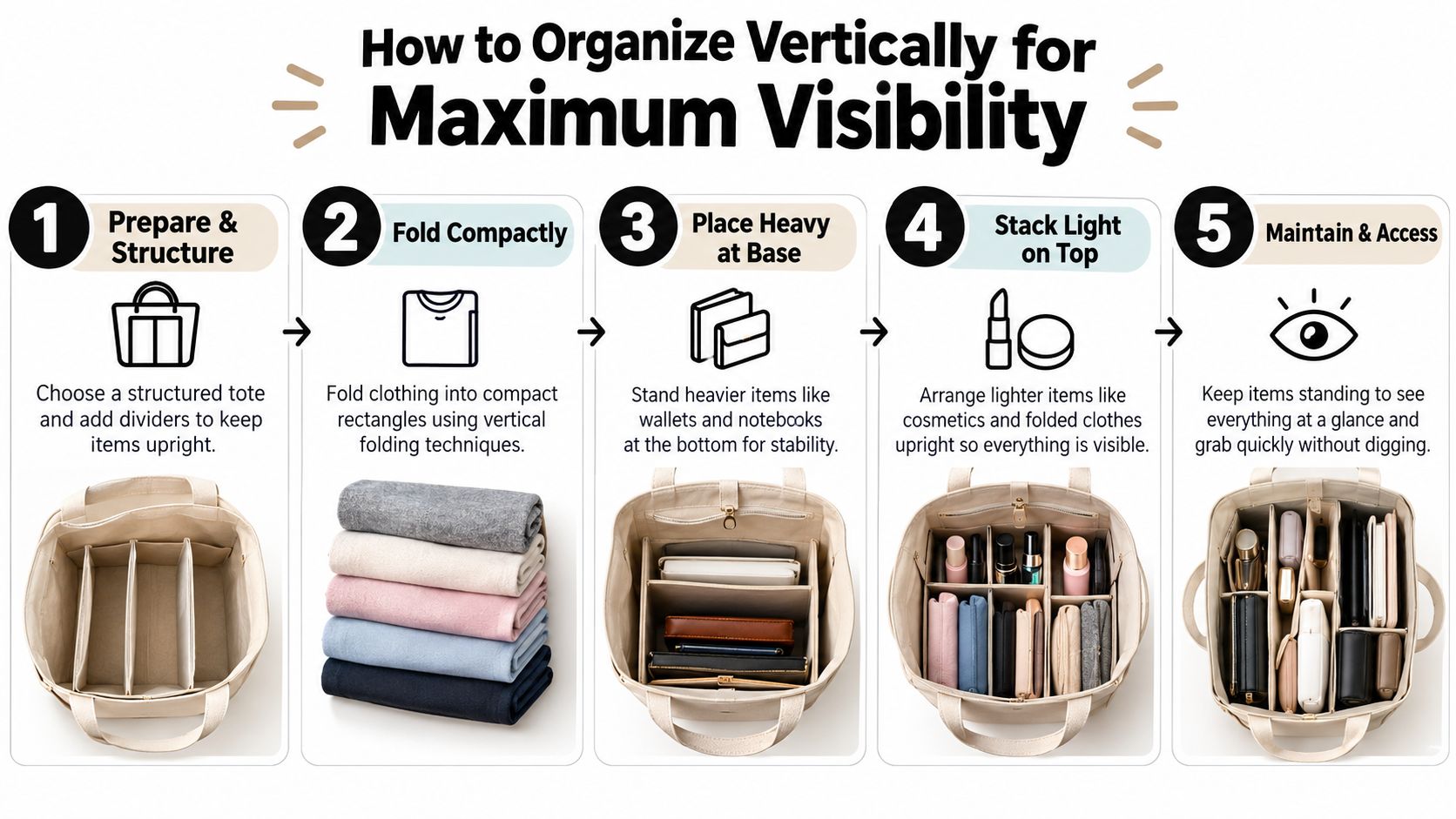 A five-step instructional guide illustrating how to organize items vertically inside a tote bag for maximum visibility.
