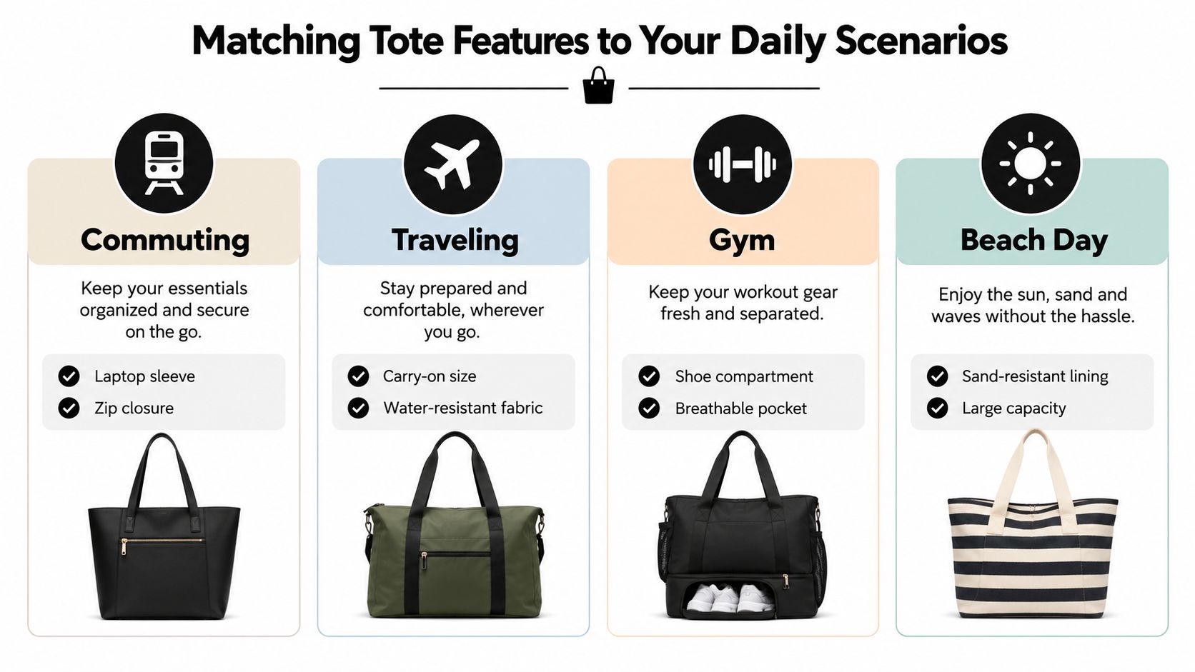 An infographic showing four different tote bag styles and their best uses for commuting, travel, gym, and beach.
