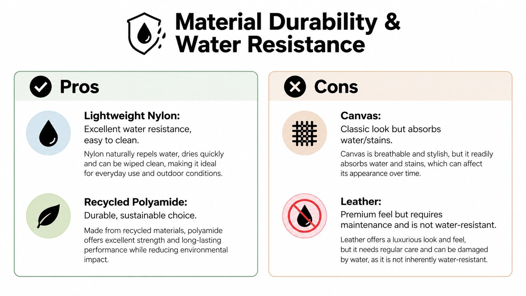 A comparison chart outlining the pros and cons of different bag materials regarding durability and water resistance.