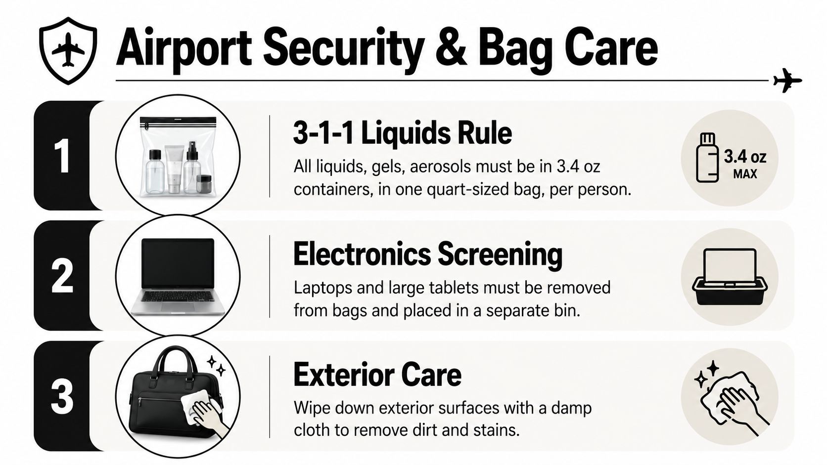An instructional infographic detailing airport security rules for liquids, electronics screening procedures, and general travel bag maintenance.