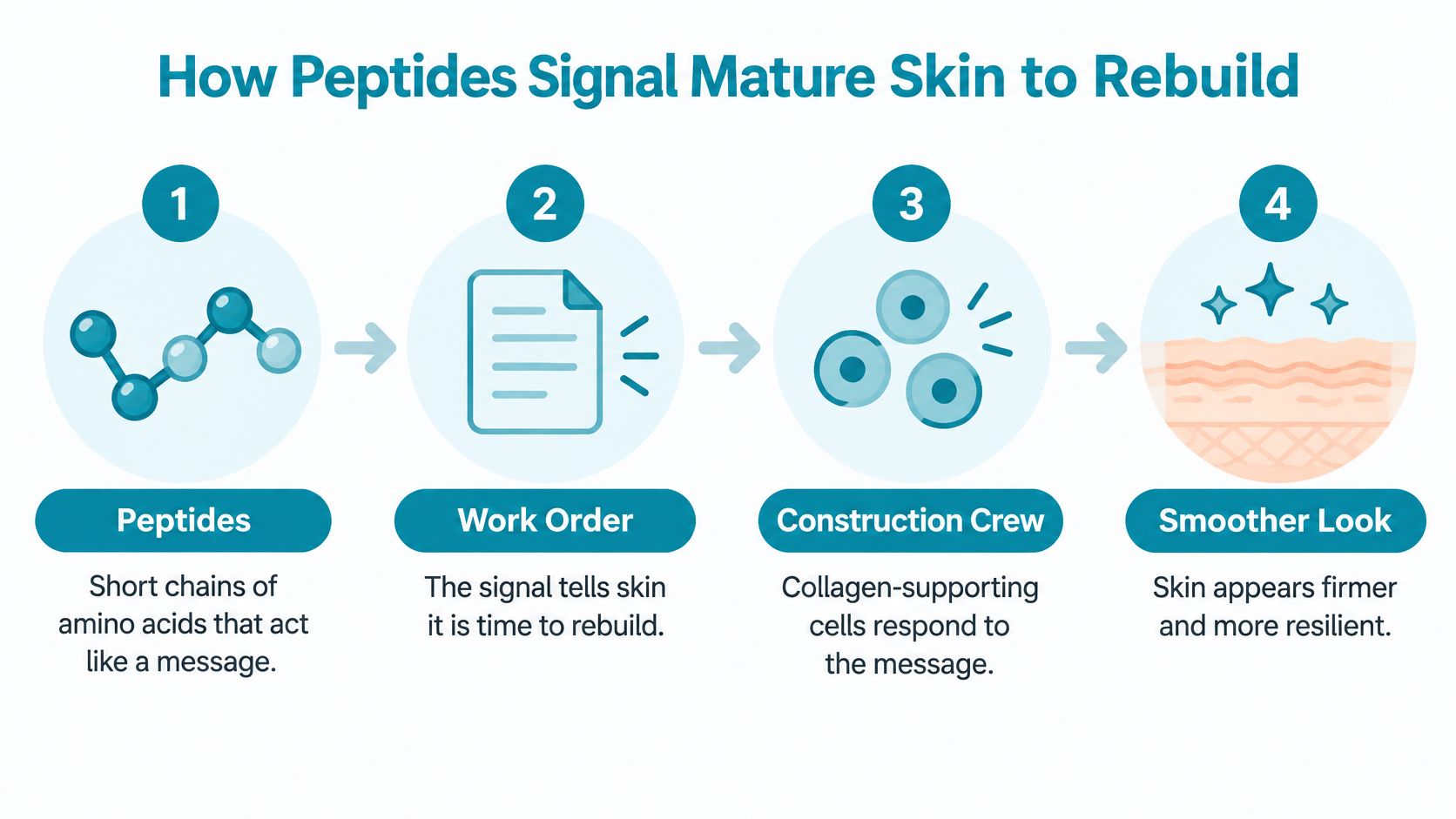 An infographic illustrating how peptides signal mature skin to rebuild through a four-step biological process.