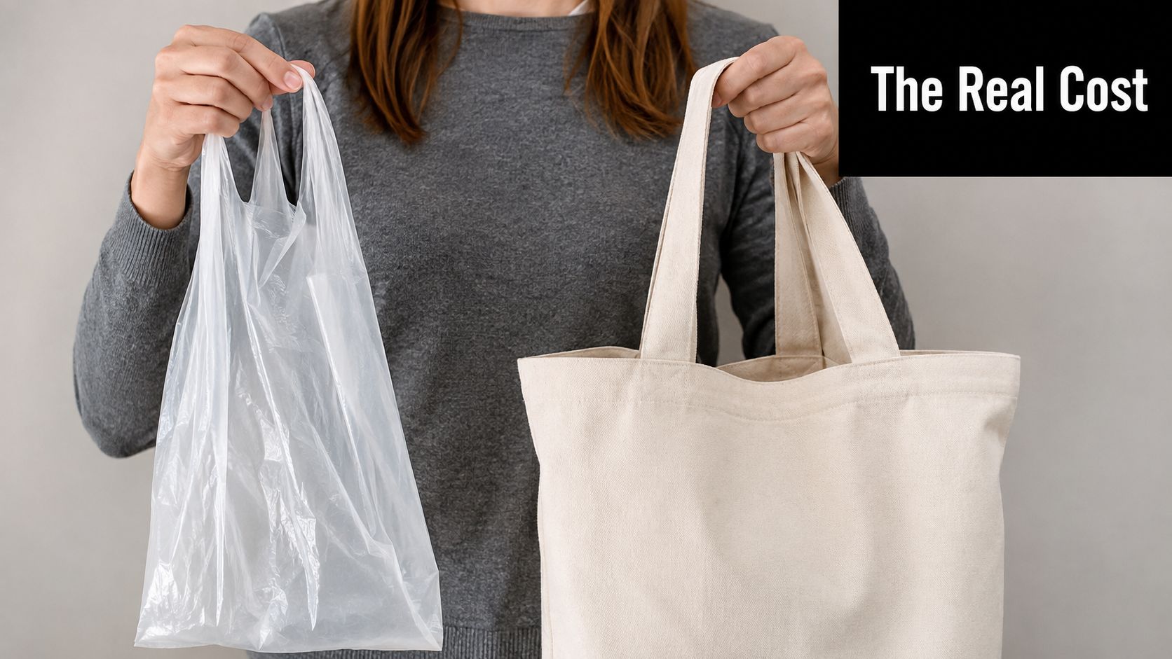 A person holding a thin white plastic grocery bag and a beige fabric reusable tote bag.
