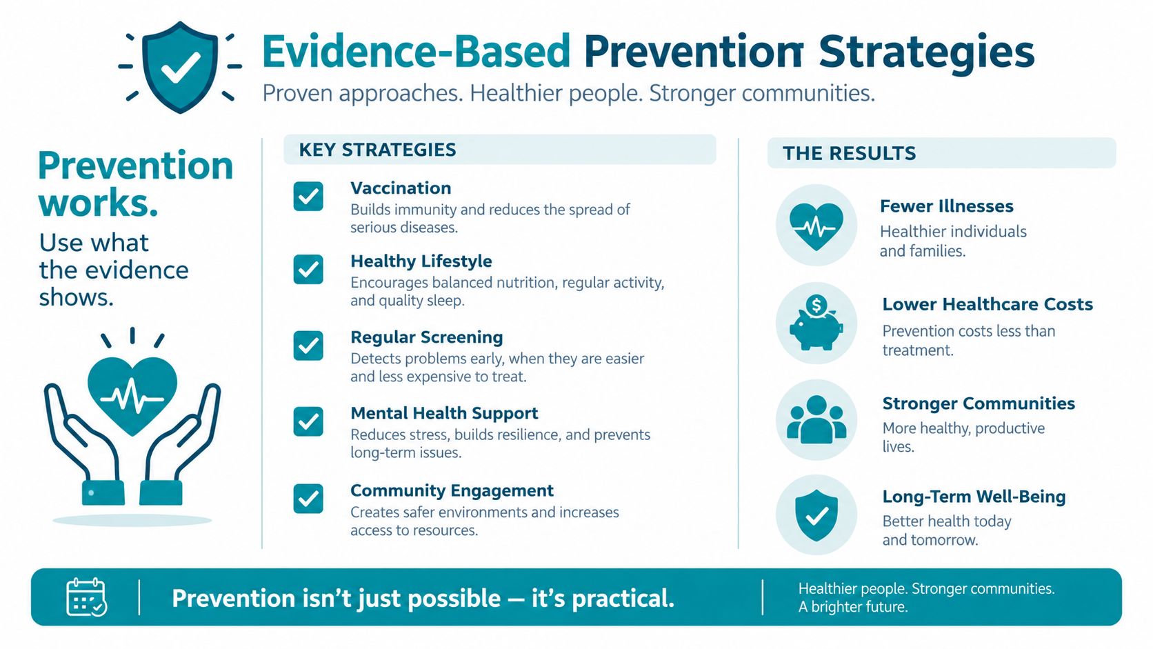 An infographic titled Evidence-Based Prevention Strategies detailing key health strategies and their long-term beneficial results.