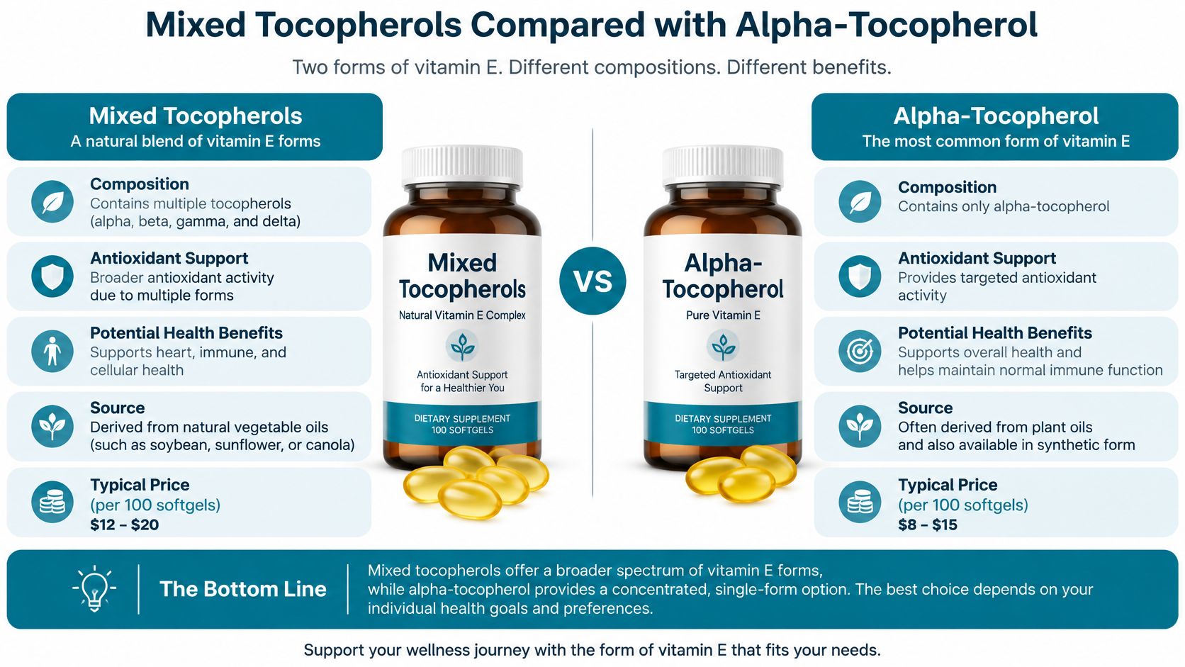 A comparison infographic between Mixed Tocopherols and Alpha-Tocopherol vitamin E supplements showing composition, benefits, source, and price.