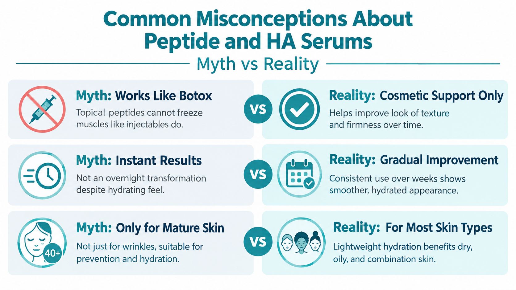 An infographic titled Common Misconceptions About Peptide and HA Serums comparing myths to realities of skincare.
