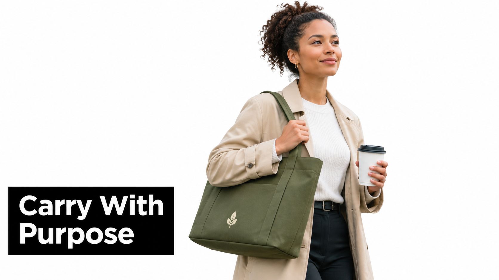 A woman wearing a tan trench coat walks with an olive green eco friendly work bag.