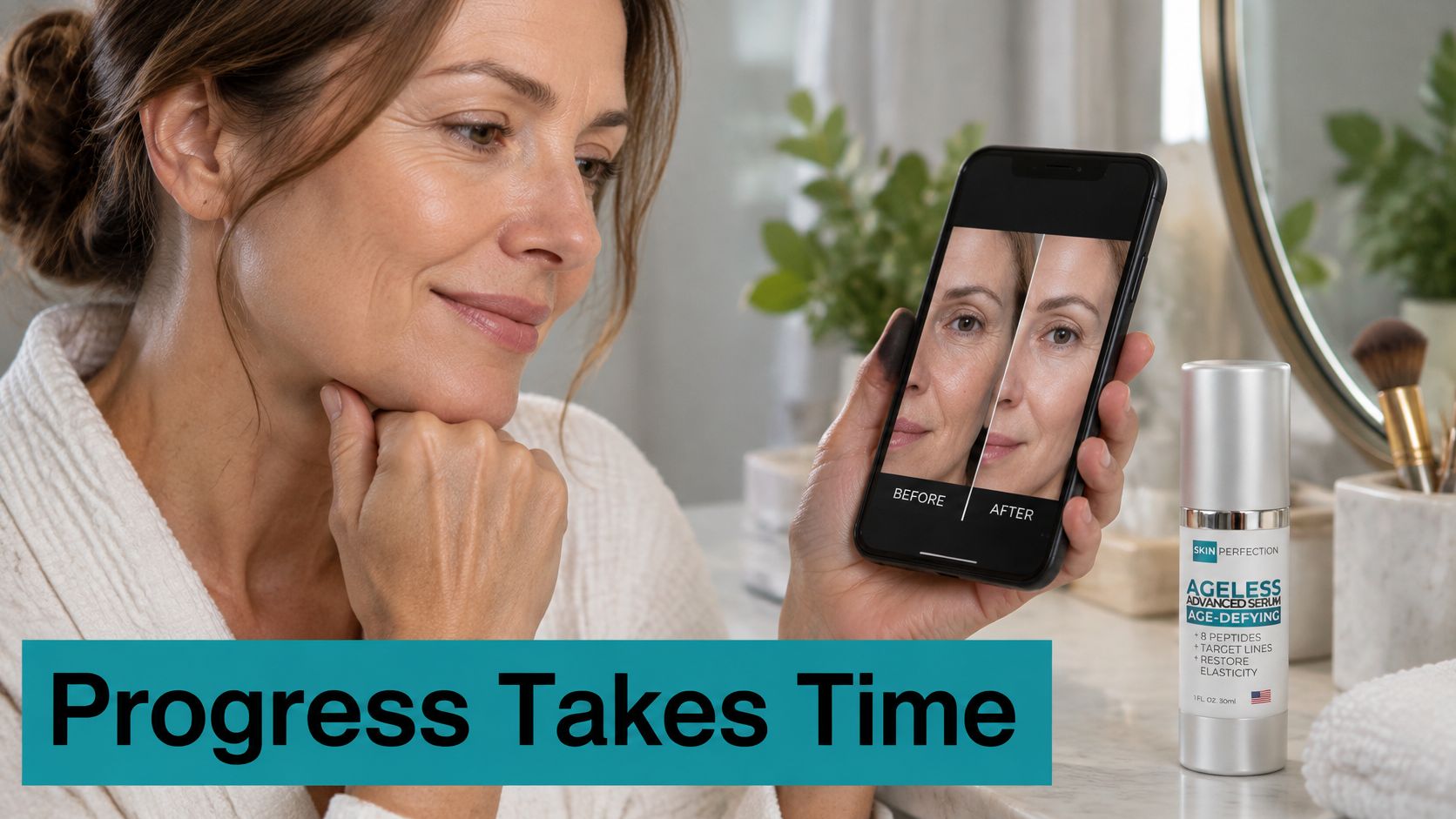 A woman looks at a phone screen comparing before and after skin results next to a serum bottle.
