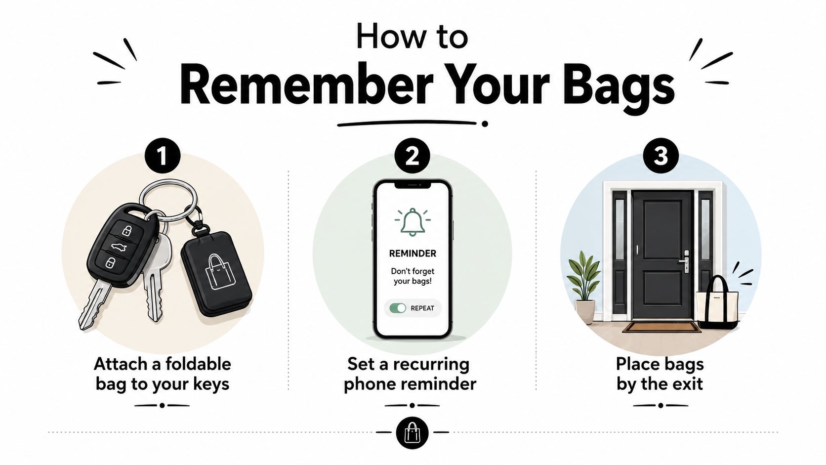 An infographic showing three simple tips to help you remember to bring your reusable shopping bags.