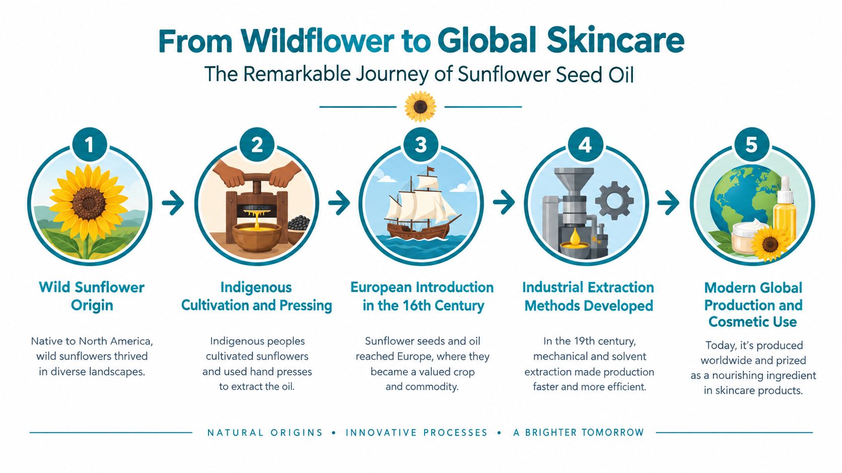 An infographic illustrating the historical five-step journey of sunflower seed oil from wild origin to modern skincare.