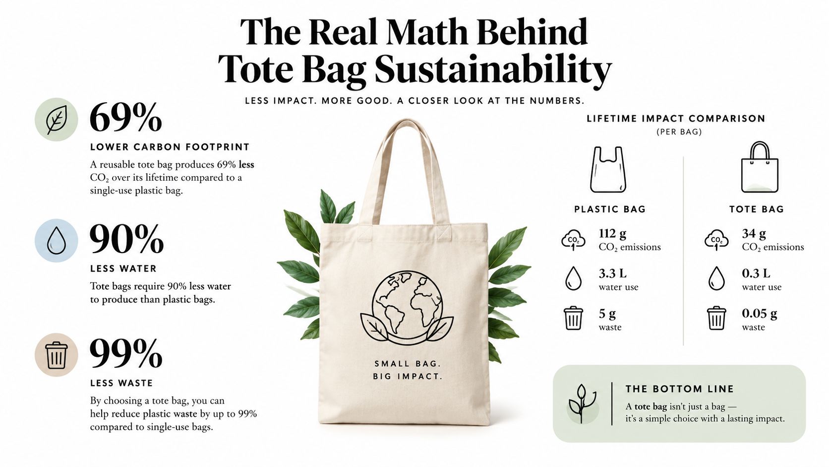 An infographic comparing the environmental impact of plastic bags versus reusable cotton tote bags with statistical data.