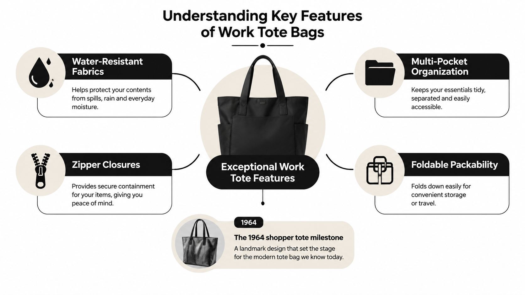 An infographic titled Understanding Key Features of Work Tote Bags showcasing five essential design characteristics.
