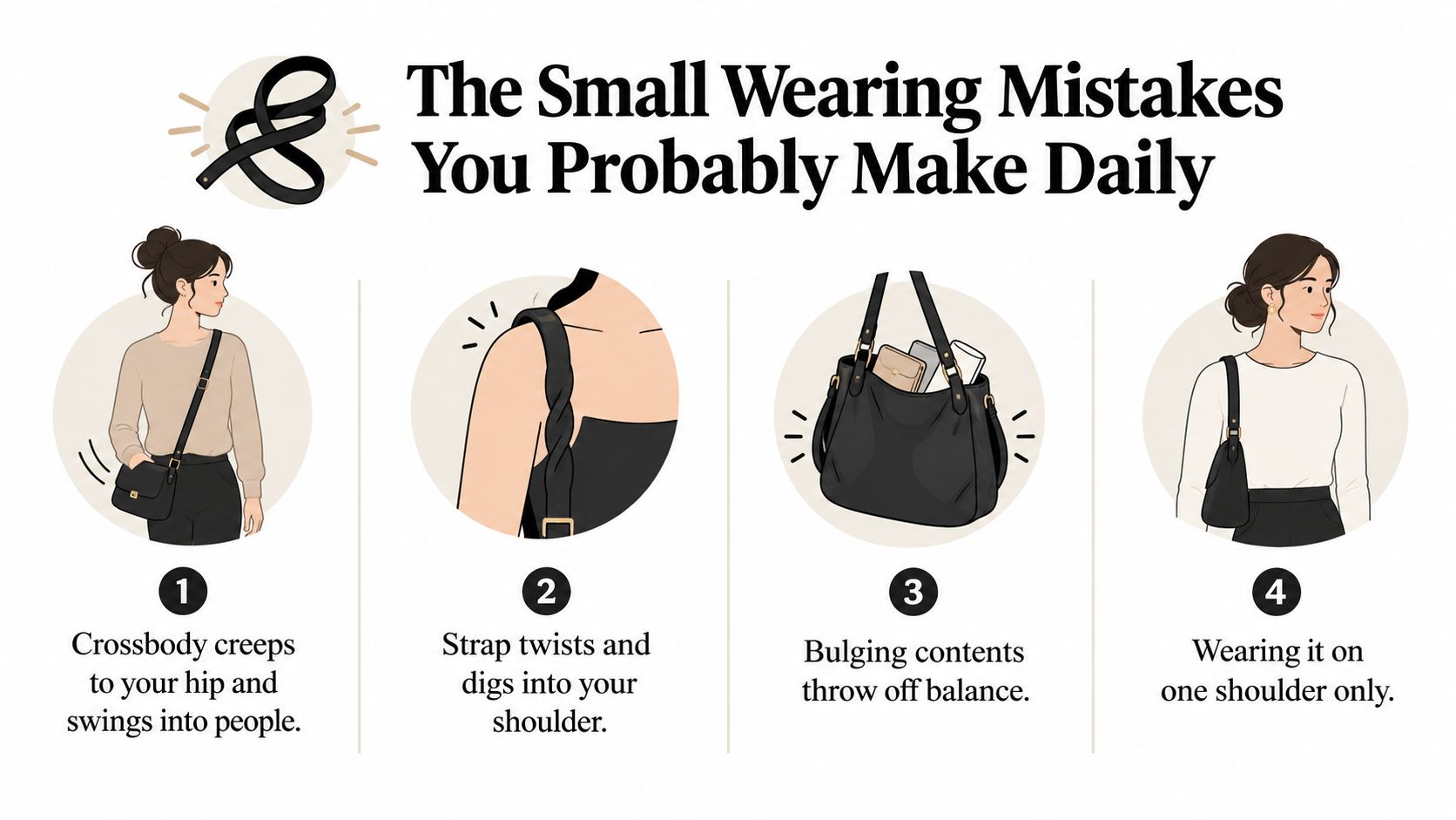 An infographic illustrating four common mistakes made when wearing and carrying everyday handbags and purses.