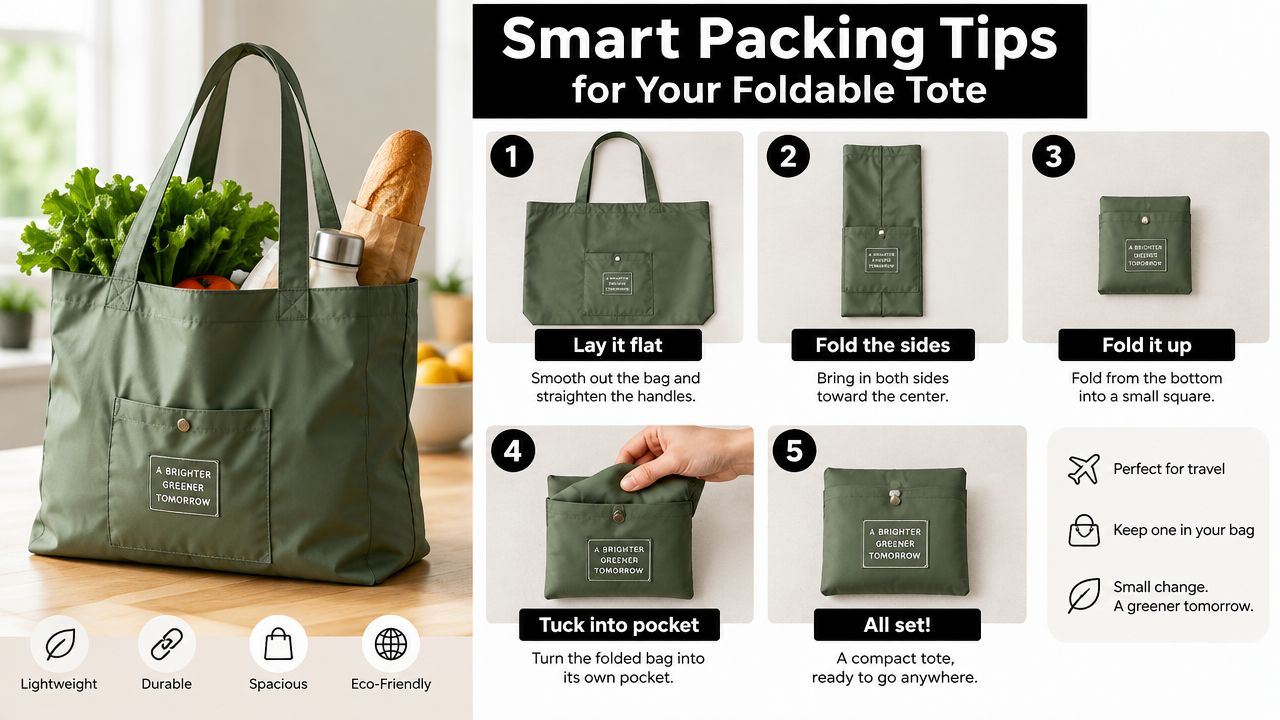 A green foldable tote bag displayed with a step-by-step visual guide on how to pack it compactly.
