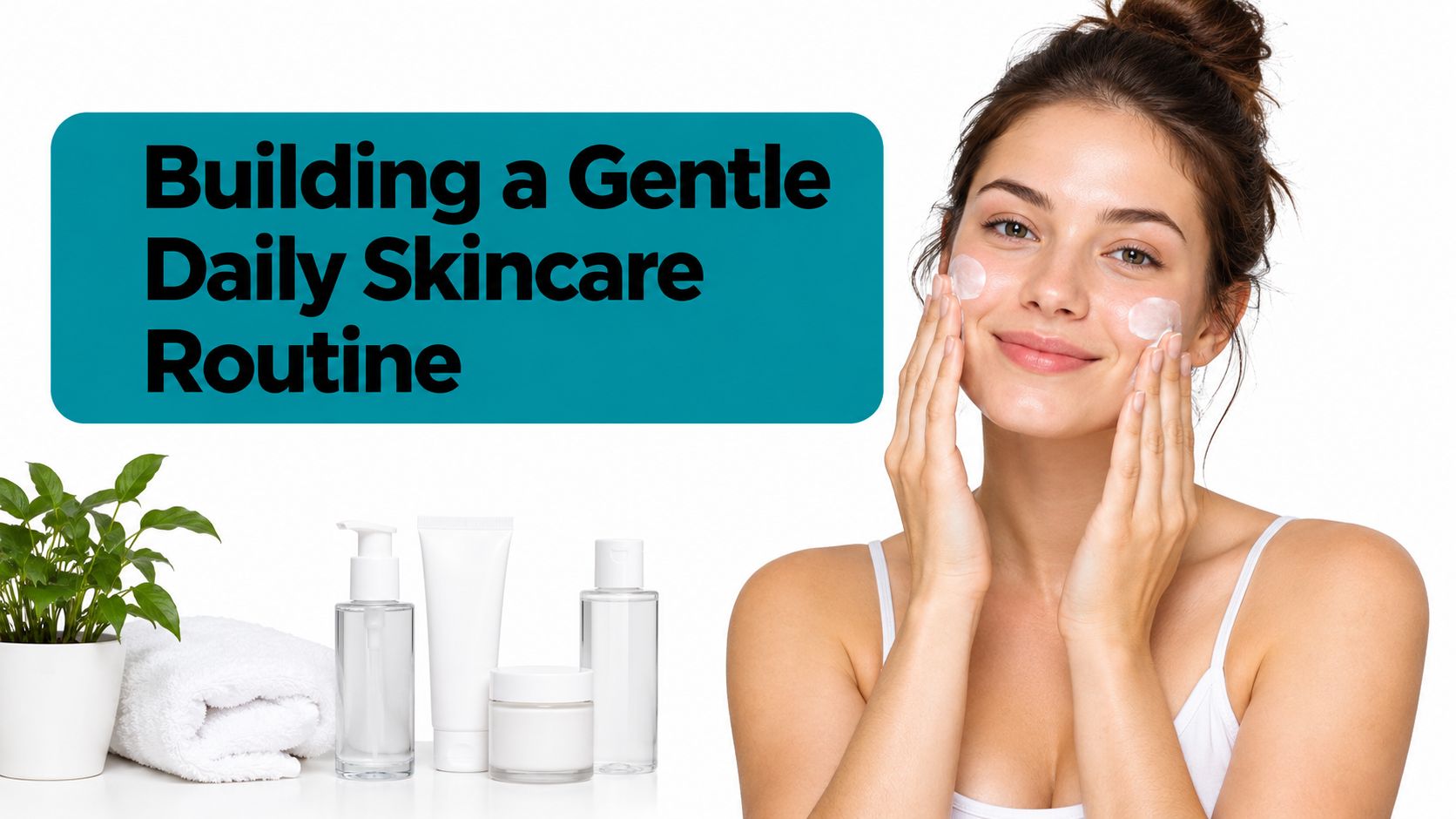 A woman gently applying moisturizer to her face, surrounded by essential skincare products on a white background.