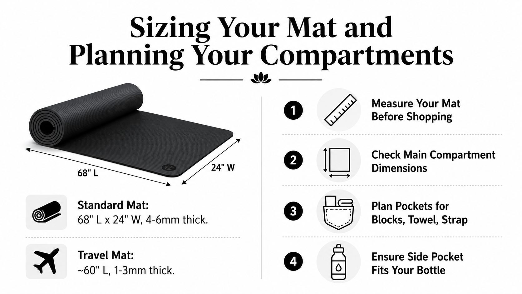 A helpful infographic guide explaining how to measure yoga mats and plan compartments for a yoga bag.