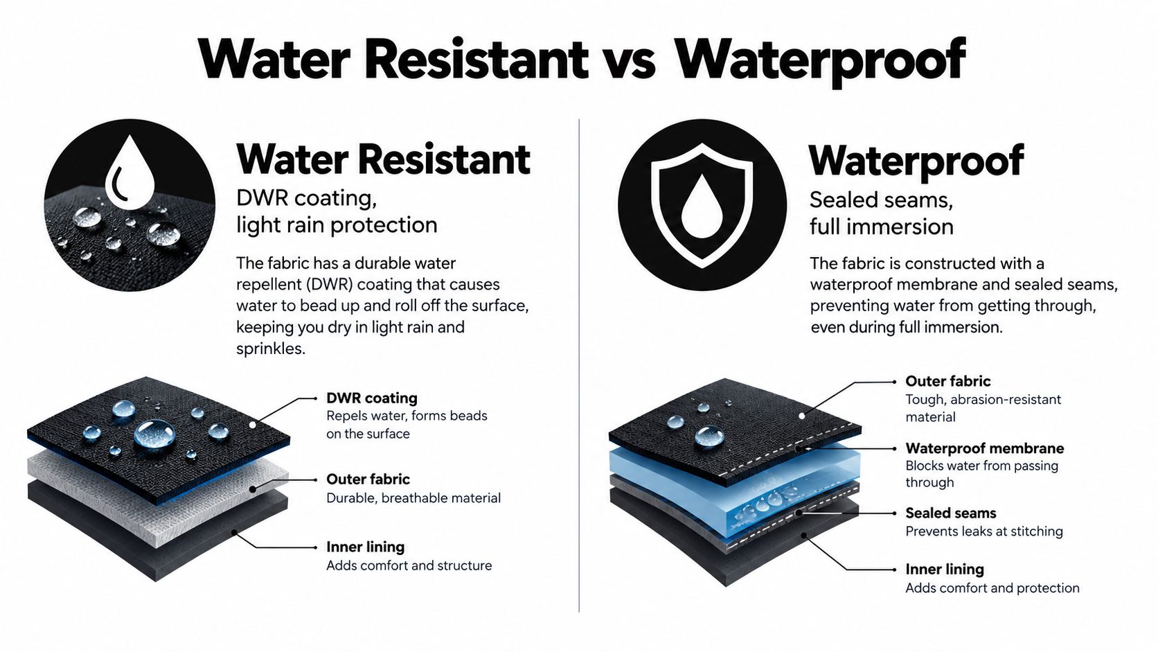 An infographic comparing the technical differences between water-resistant and waterproof clothing materials for outdoor gear.