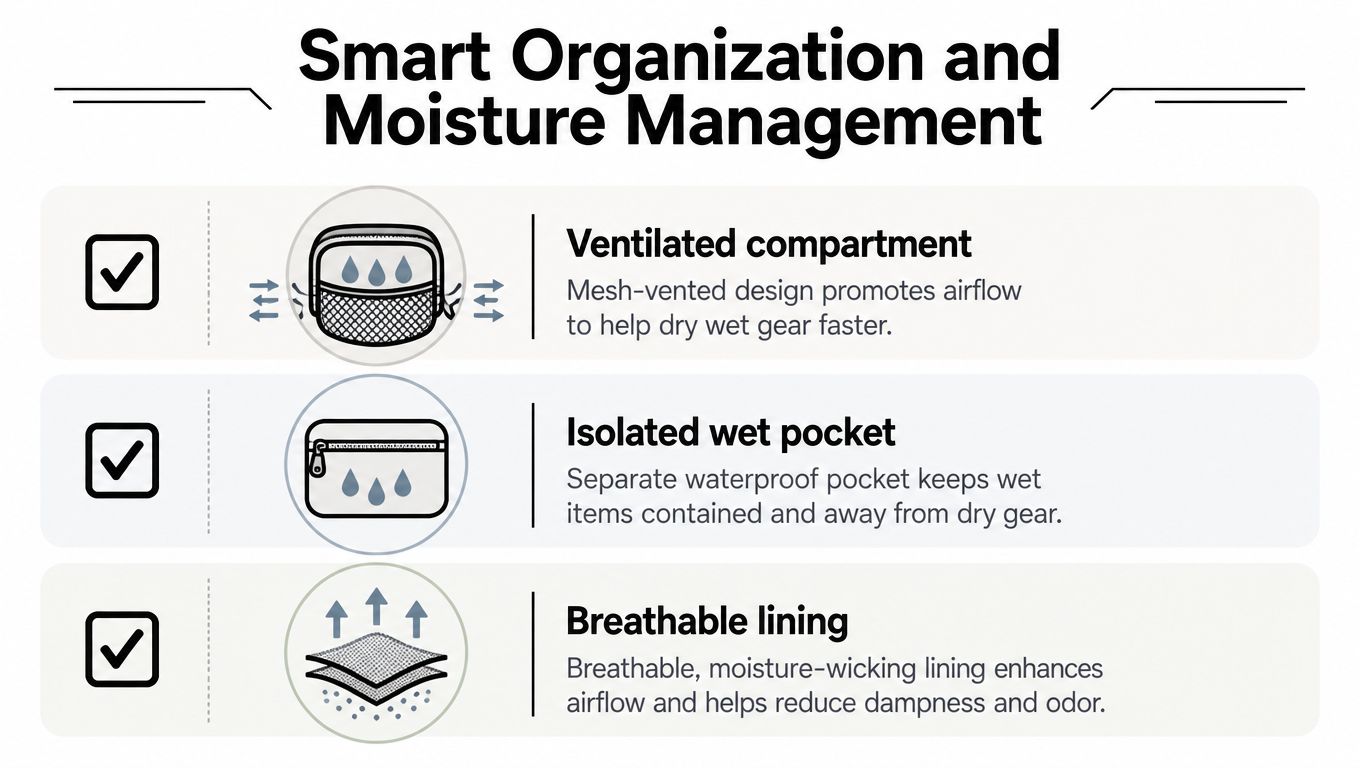 A graphic highlighting the storage features of a gym bag including a ventilated compartment, waterproof pocket, and breathable lining.