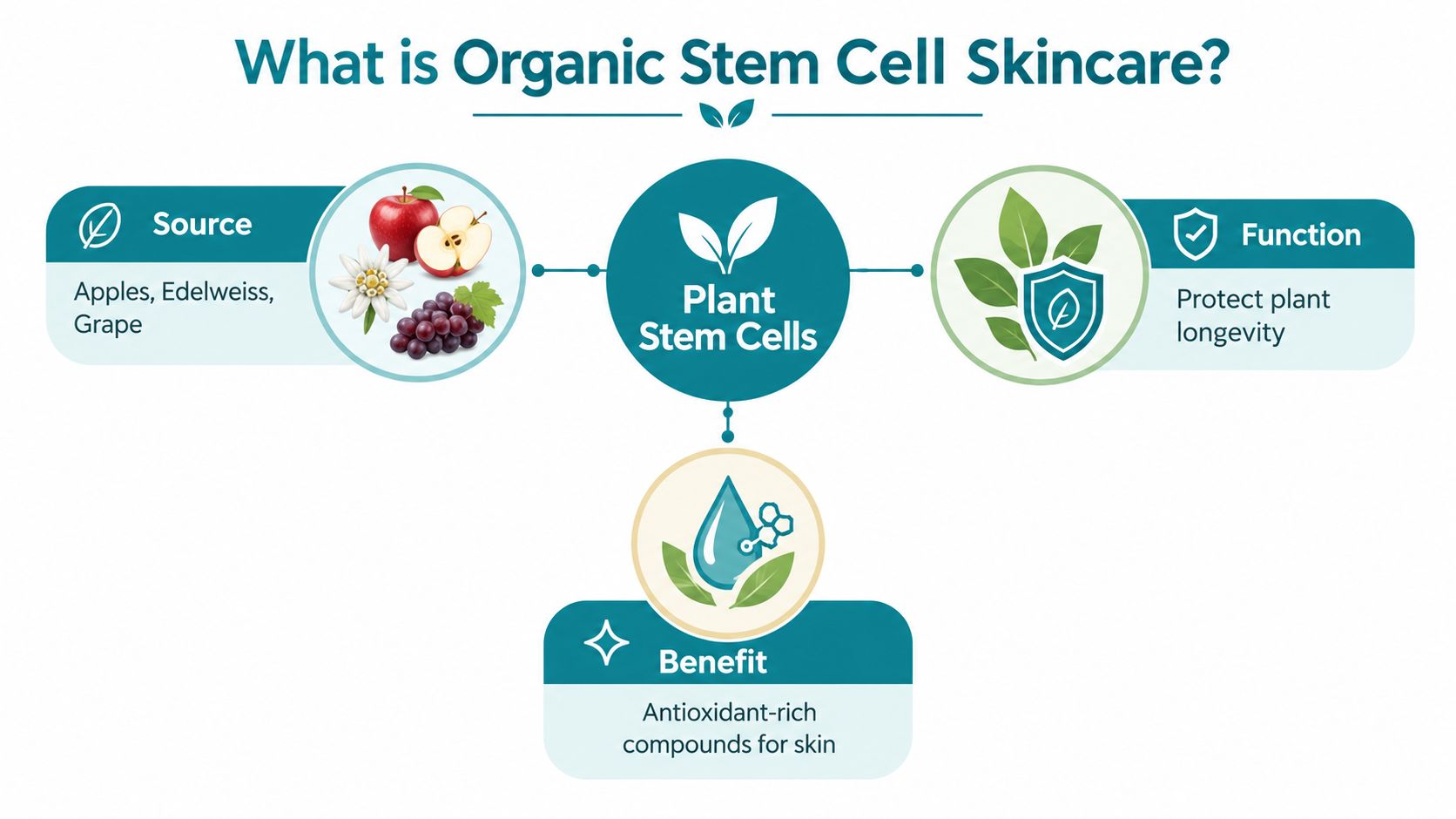 An infographic explaining the sources, functions, and benefits of using plant stem cells in organic skincare products.