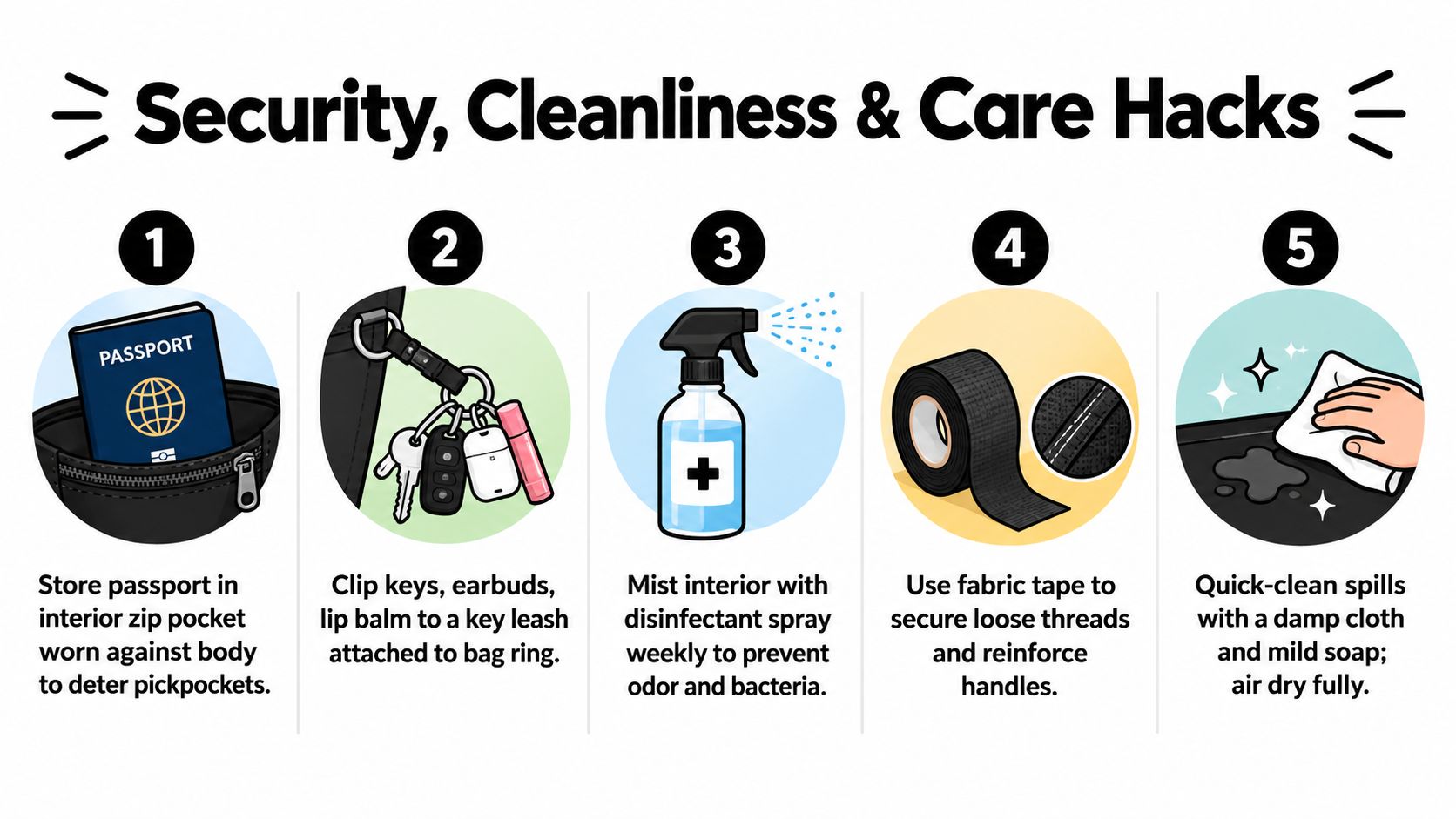 An infographic showing five helpful security, cleanliness, and maintenance hacks for organizing and caring for a tote bag.