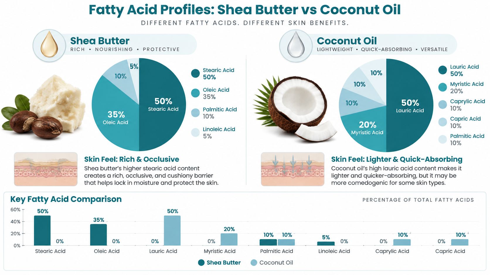 An infographic comparing the fatty acid profiles, skin benefits, and composition of shea butter versus coconut oil.