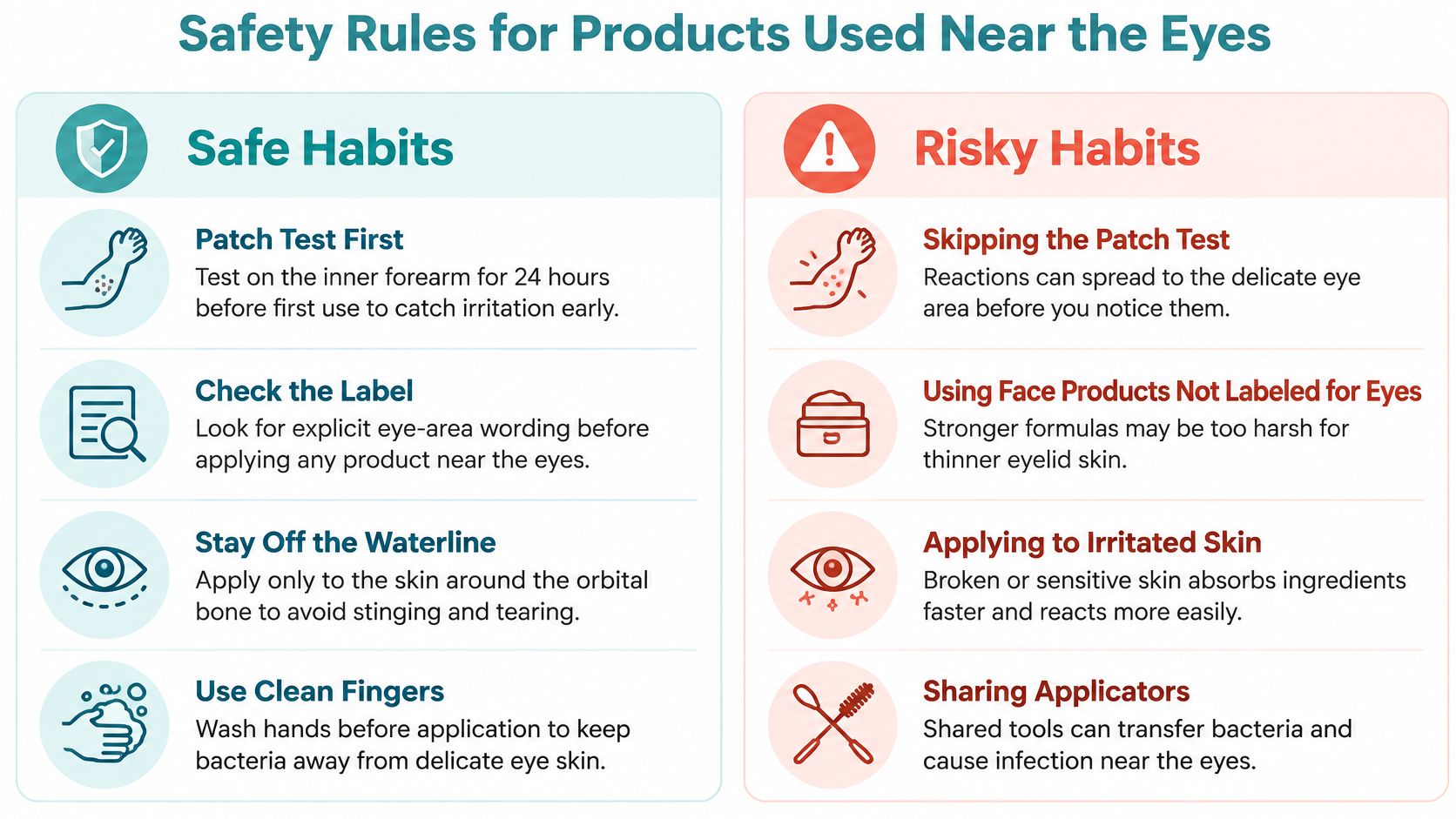 A safety infographic highlighting dos and don'ts for applying skincare products safely around the eye area.