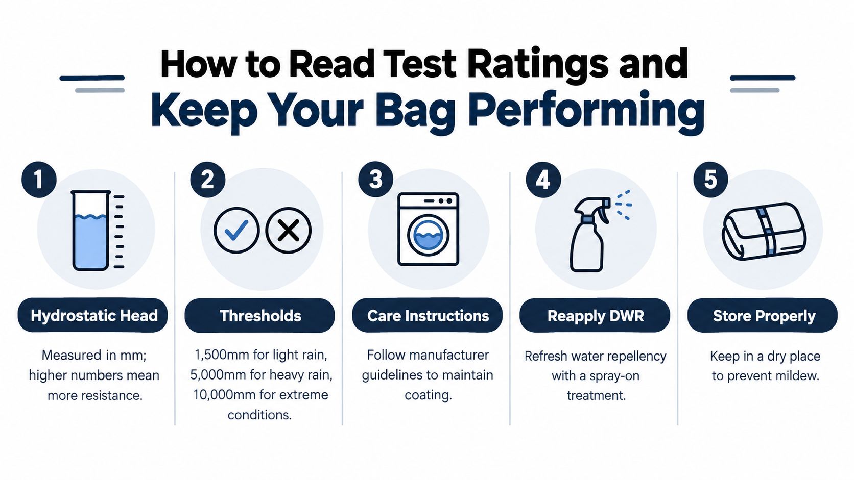 An infographic showing five steps for reading test ratings and maintaining moisture resistant bags and gear.