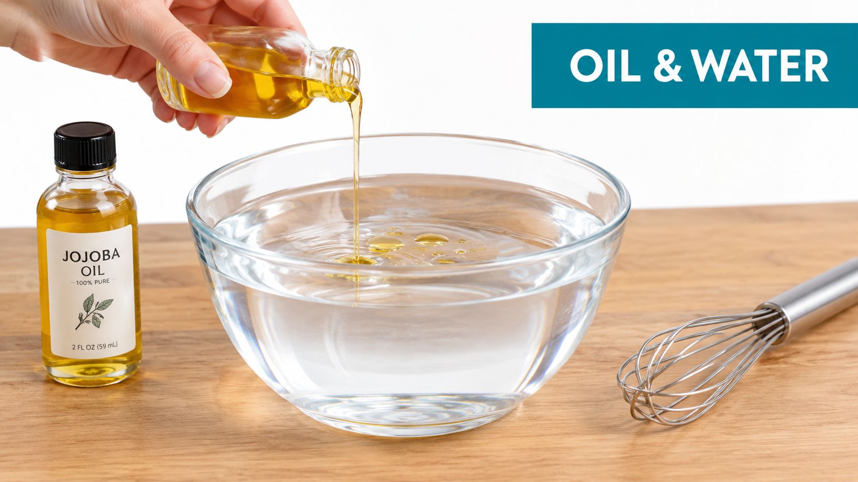 Hand pouring jojoba oil from a glass bottle into a clear bowl of water on a wooden table.