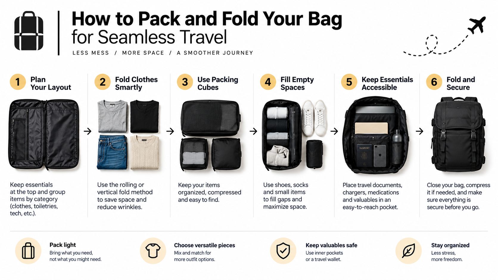 An infographic showing six steps to pack a backpack efficiently for seamless travel and organization.