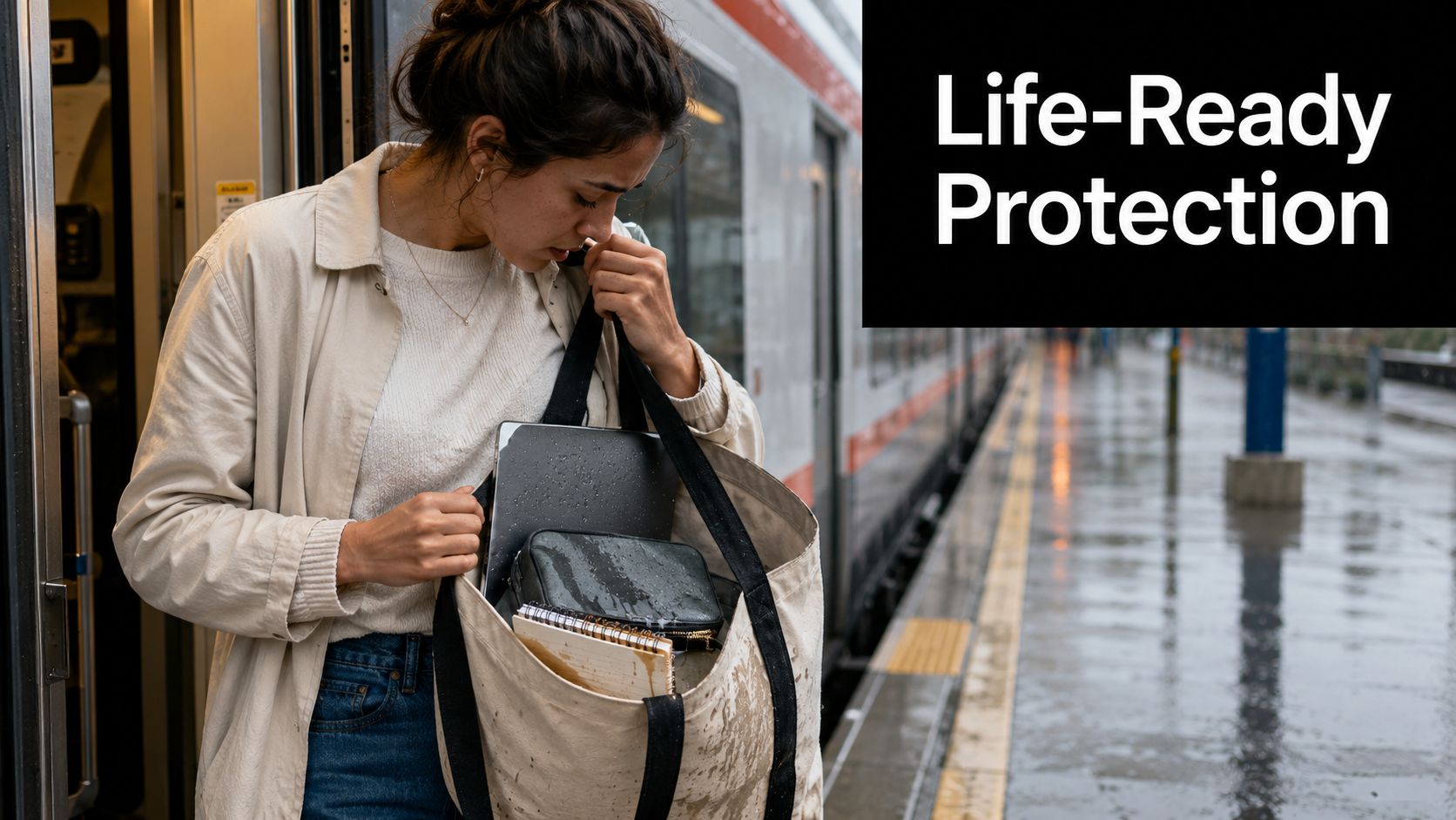 A woman carrying a water-resistant tote bag while standing at a rainy train station platform.