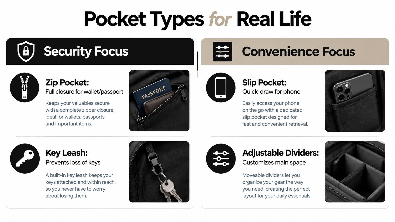 A diagram comparing security and convenience features of pocket types for a functional crossbody bag.