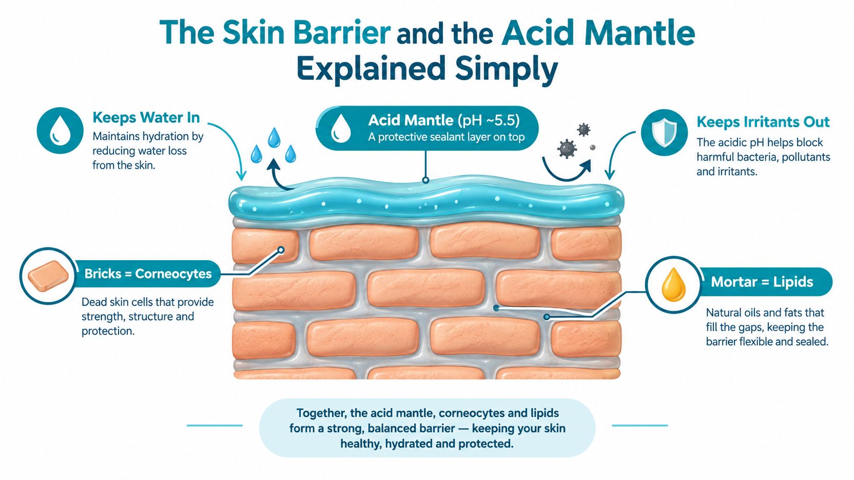 A diagram illustrating the human skin barrier, showing the acid mantle, corneocytes, and lipids protecting the skin.