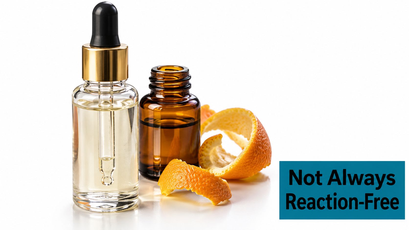 A clear glass dropper bottle next to an amber bottle and orange peels on a white surface.