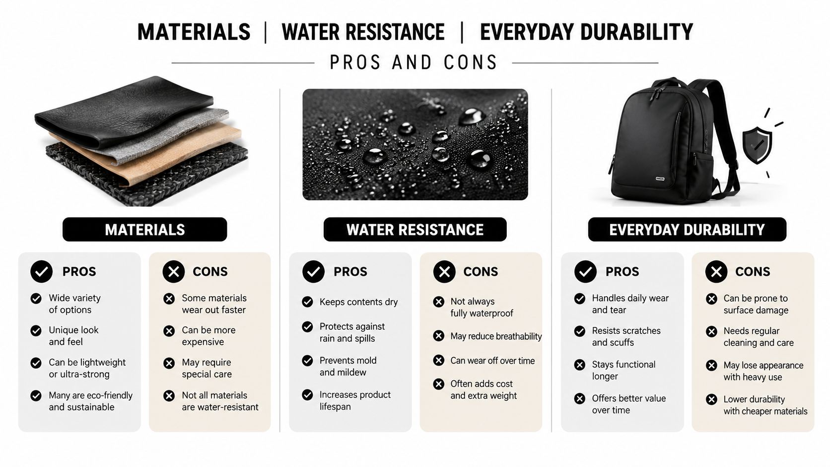 A comparison chart outlining the pros and cons of materials, water resistance, and everyday durability for backpacks.