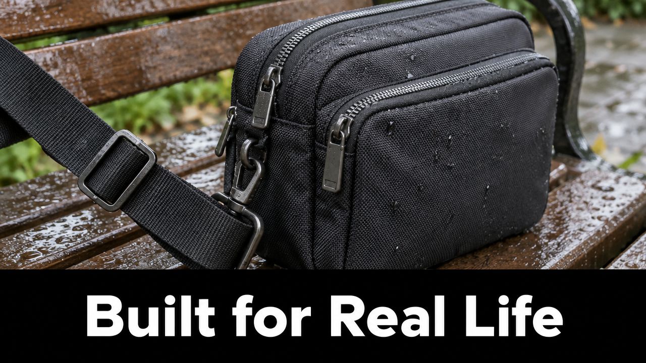 A black, water-resistant, double zipper crossbody bag sitting on a wet wooden bench outdoors.