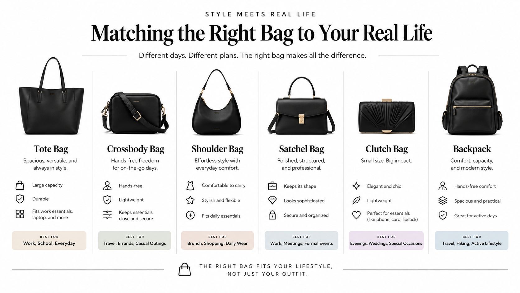 A guide displaying different types of women's handbags including tote, crossbody, shoulder, satchel, clutch, and backpack styles.