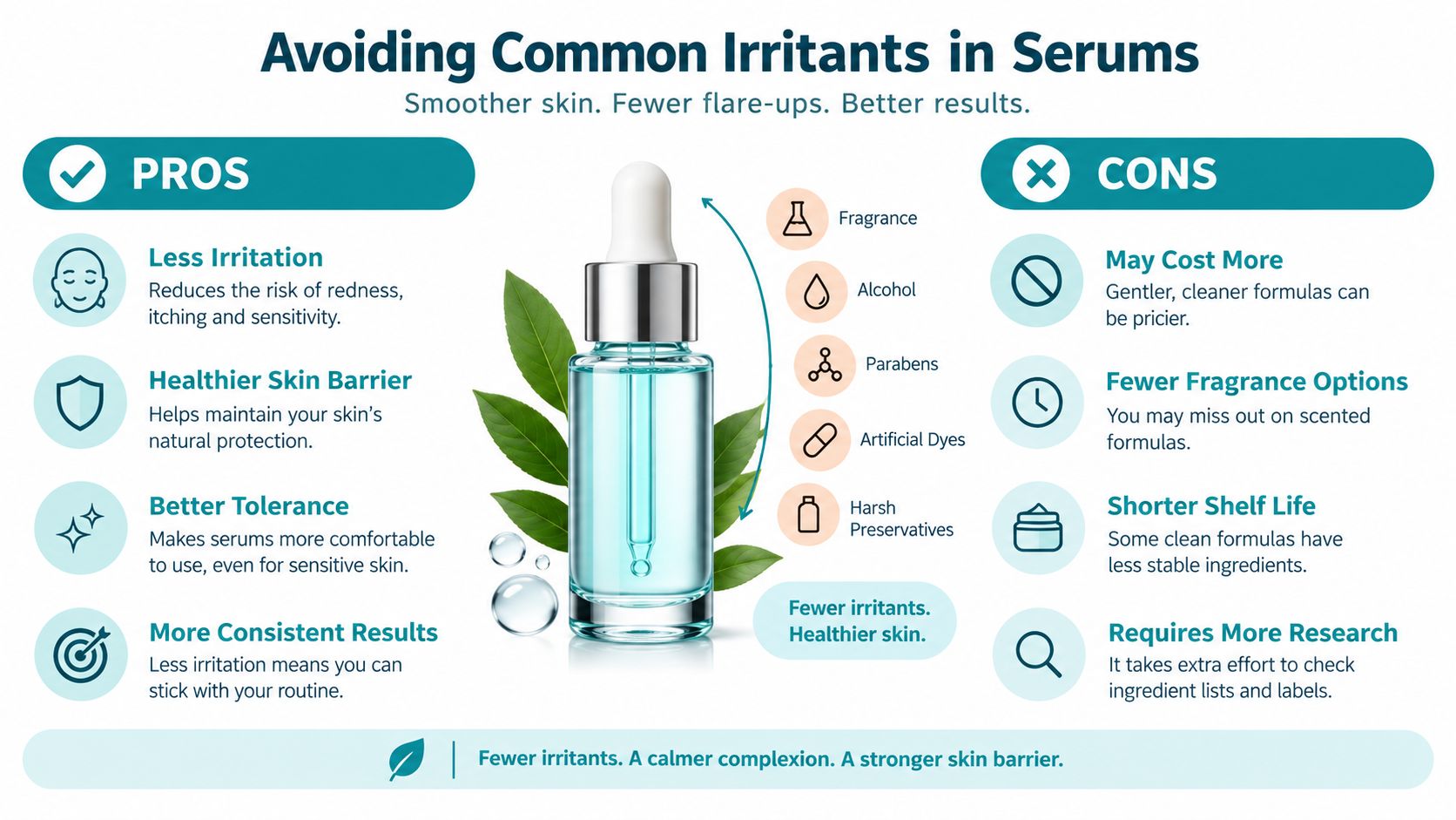 An infographic comparing the pros and cons of using serums that are free from common skin irritants.