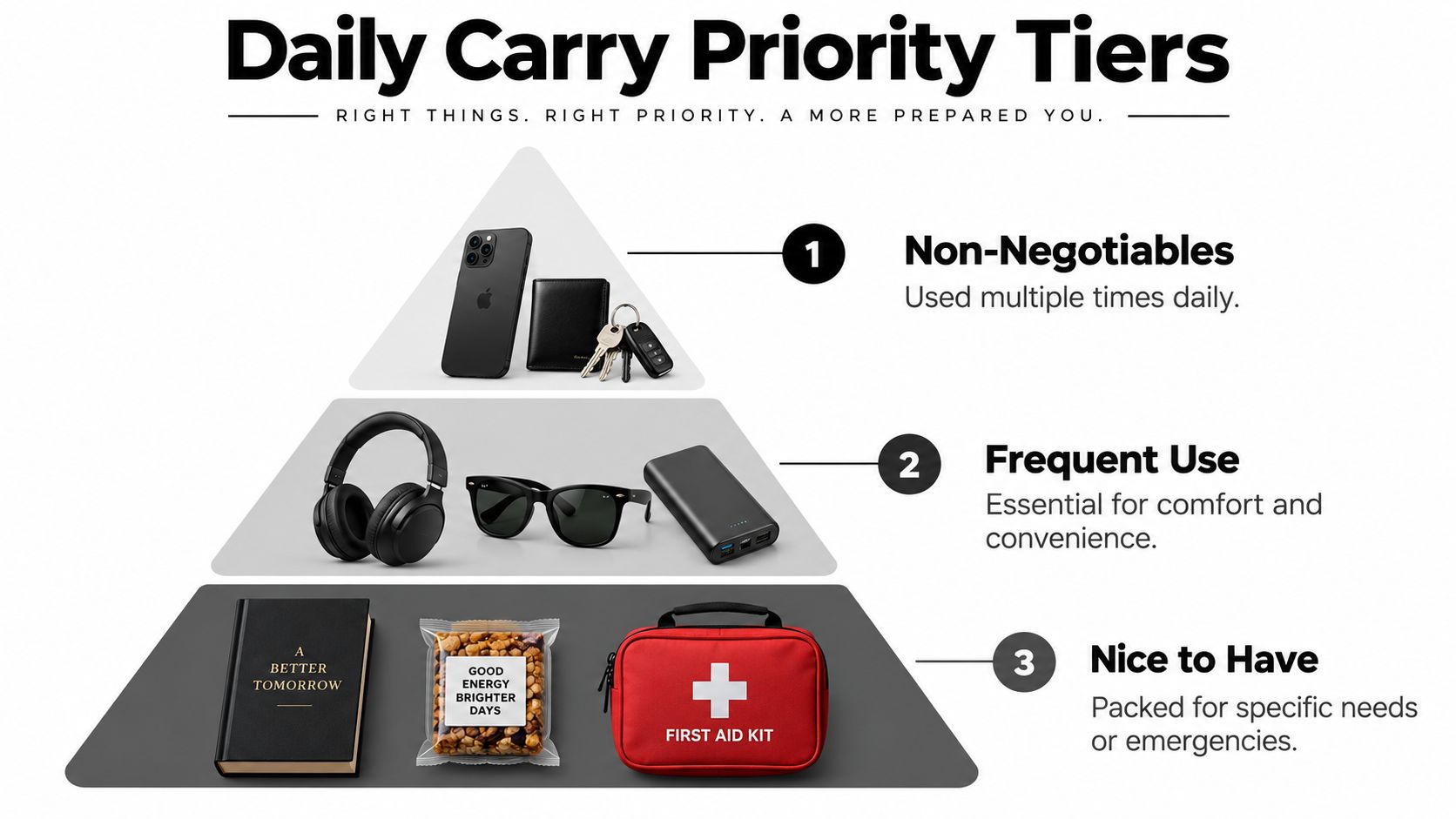 A tiered pyramid diagram illustrating three categories of daily carry items for organization and preparedness.