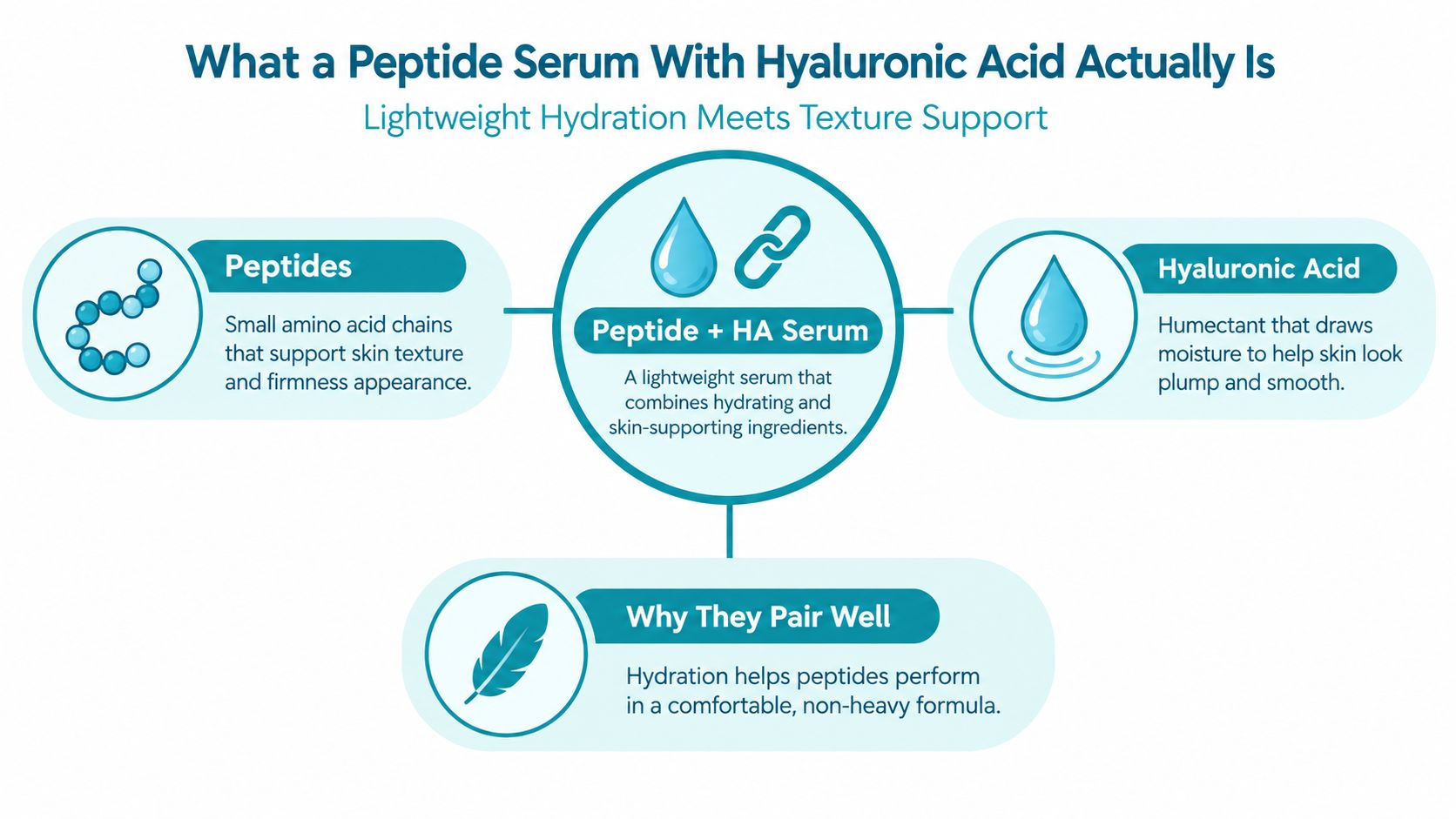 An infographic explaining the benefits of combining peptides and hyaluronic acid in a lightweight skin serum.