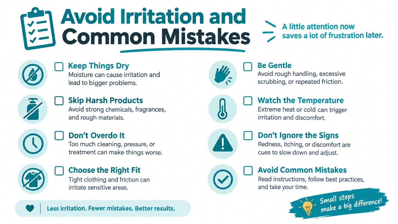 A checklist infographic titled Avoid Irritation and Common Mistakes, offering tips for maintaining skin health and comfort.
