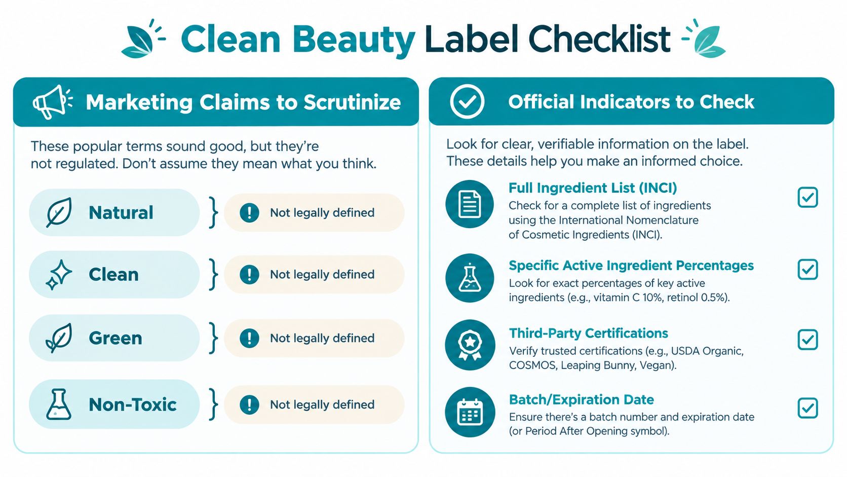 A clean beauty label checklist infographic highlighting marketing terms to scrutinize and official indicators to check.